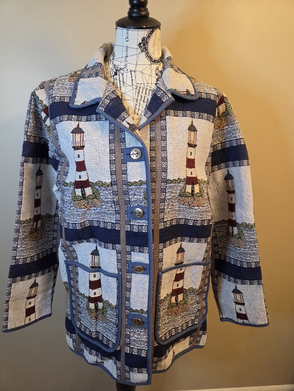 Blair Large Tapestry Lighthouse Jacket Blazer Coastal Nautical Grandmacore